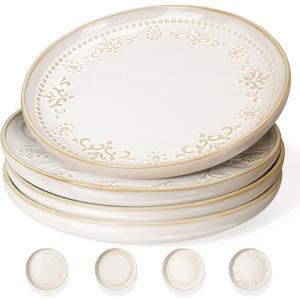 Artena Salad Plates Set Of 4, 8.5 Inch Embossed Small Ceramic Dinner Plates for Appetizer Dessert, Kitchen Plates With Lipped Edges, Microwave Oven Dishwasher Safe (Multiple Patterns)