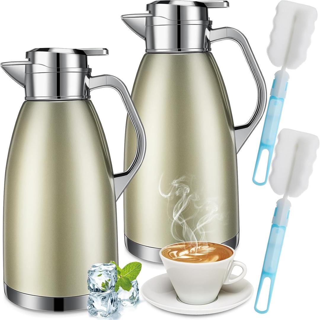Tioncy 2 Pcs Thermal Coffee 78oz Insulated Carafe Hot Water Dispenser Stainless Steel Carafe for Hot Liquid Coffee Tea Milk with 2 Brushes Keep 12 Hours Hot 24 Hours Cold(Gold)