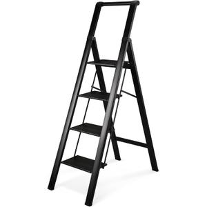 HBTower 4 Step Ladder with Handrail, Aluminum Compact Ladder, Folding Step Stool for Adults, Portable, Lightweight, 330 lbs Foldable Ladder for Home, Black