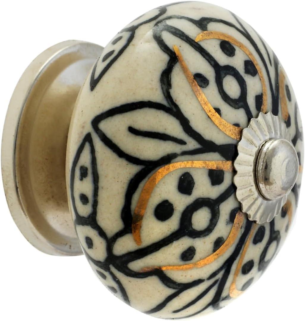 Cabinet Knobs for Dresser Drawers - Countryside Boho Handmade Ceramic Handle Kitchen Cabinets Cupboard Wardrobe Pulls Farmhouse Decor - Black and Gold - Pack of 4
