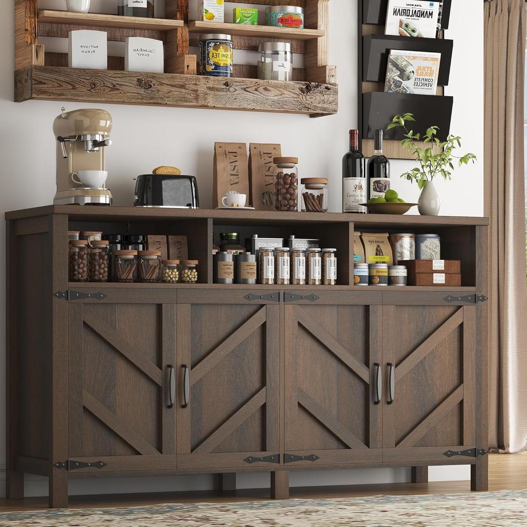 knoworld Buffet Sideboard with Storage Farmhouse with 4 Doors, 55'' Large Kitchen Storage Cabinet Wood Coffee Bar Cabinet Buffet Table with Shelves for Kitchen, Dining Room, Entryway (Brown, 55in)