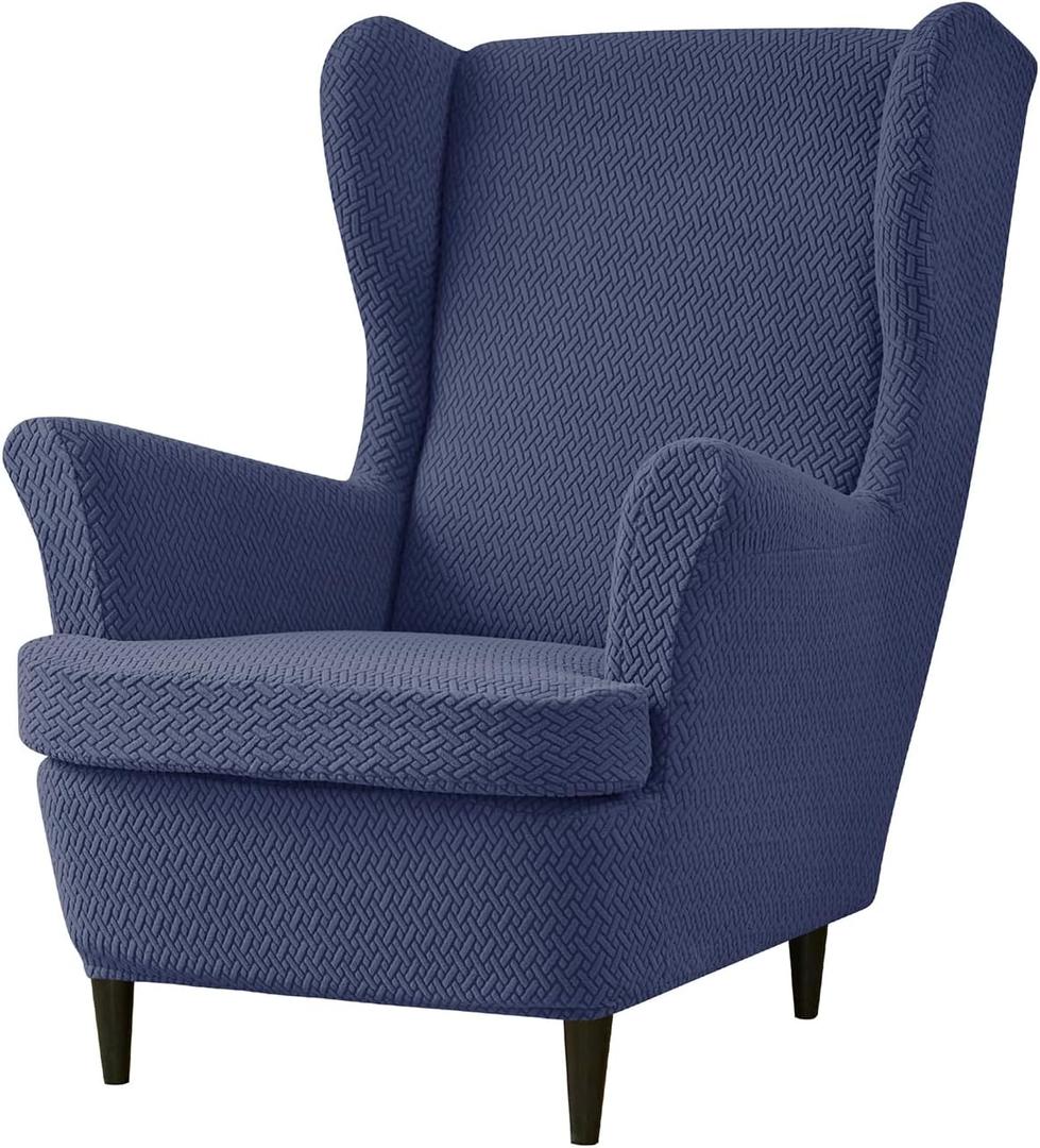 Wingback Chair Cover 2 Piece Stretch Jacquard Wing Chair Slipcovers Thick Wing Back Chair Covers Sofa Slipcover with Arms Wing Chair Slipcover Wing Back Chair Cover with Elastic Bottom (Navy)