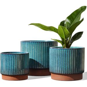LE TAUCI Ceramic Plant Pots with Drainage Holes, Set of 3, 8+6.7+5.5 Inch Stripe Garden Planter Pots for Outdoor Indoor Plants Flower, Round Succulent Orchid Flower Pot, Reactive Glaze Green