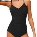 Girls Swimsuit One Piece Control Front Cross Ruched Tie Back Bathing Suit Swimwear with Drawstring Cover Up 9-16T (11-12 Years, Black)