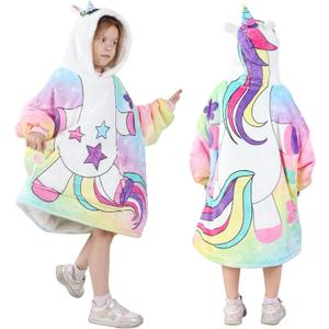 MIZZEO Kids Wearable Blanket Hoodie, Oversized Sherpa Wearable Blanket with Hood Pocket and Sleeves for Toddlers, Cute Hoodies 2-6 Year Old Girls Boys Youth Birthday Gifts (Unicorn)