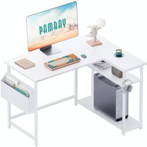 Pamray 40 Inch L Shaped Computer Desk with Reversible Side Storage Shelves, Small Corner Desk for Small Space Home Office, Writing Study Table PC Desk for Bedroom, White