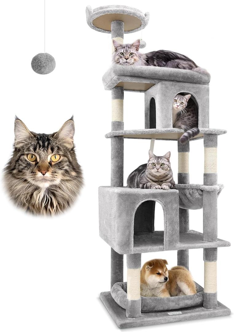 Heavy Duty Cat Trees for Large Cats, Sturdy 72in Maine Coon Cat Tree for Large Cats 20 lbs+ Heavy Duty Cat Tower for Adult Biggest Cat with 6 Scratching Posts, Hammock, S72, Light Grey