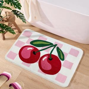 Cute Cherry Bath Mat for Bathroom Checkered, Non Slip Extra Soft Fluffy Absorbent Microfiber Fun Shower Decor (Pink 18"x26")