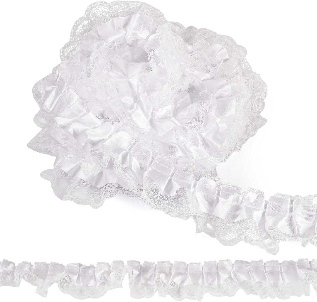 12.5 Yards Ruffle Organza White Lace Trim 2 Layer Pleated Satin Lace Ribbon 4.7cm Laces Edge Ruffle Trim for Sewing Clothes Dress Home Decor Wedding
