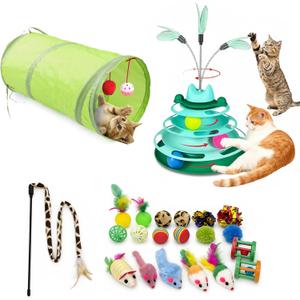 22 PCS Cat Toy Assortment with Crinkle Tunnel, Interactive Cat Toys Variety Pack for Indoor Cats, Kitten Toy Set with Mouse Toy, Feather Toy, Crinkle Balls & Tunnel Toys
