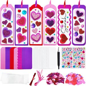 ArtCreativity 314 PCS Valentines Day Bookmark Craft Kit - Makes 24 Bookmarks - Valentine Crafts for Kids Classroom - Valentines Bookmark Craft Kit with Hearts, Glitter Stickers, Rhinestones, Ribbons