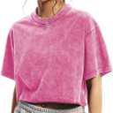 Womens Oversized Vintage T Shirts Casual Cropped Tees Short Sleeve Cotton Acid Wash Tops Summer Grunge Shirts (Small, Rose Red)