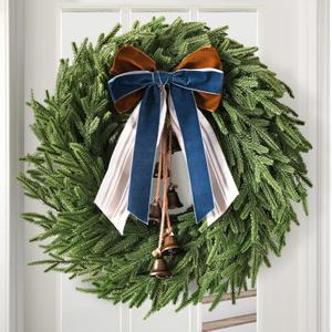 Christmas Decorations - 22 Inch Norfolk Pine Christmas Wreath with Bells and Ribbon - Artificial Pine Greenery Winter Wreath for Home Table Wall Window Porch Door Indoor Outdoor Decor