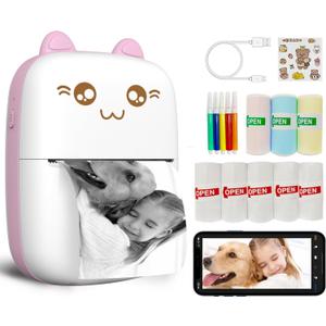 Mini Printer Portable, Inkless Sticker printer with 8 Rolls Paper, Bluetooth Wireless mini thermal printer Compatible with iOS + Android for Journal, Memo, Photo, Print Pod Gifts for Girls Kids (Pink)