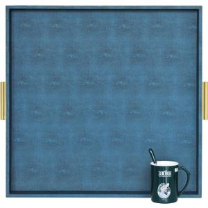 HofferRuffer Extra Large Square Serving Tray, Elegant Faux Leather Ottoman Tray with Gold Hardware Handles, Serve Tea, Coffee or Breakfast in Bed, 24 x 24 inches (Navy Blue Shagreen)