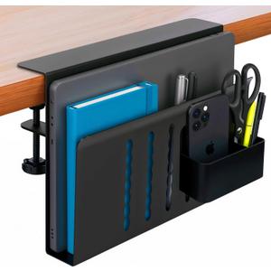 Desk Side Storage, Steel Side Desk Organizer, Clamp on Laptop Mount with Magnetic Pen Holder, No Drill Under Desk Laptop Holder, Table Hanging Storage for Home & Office Organization,  Black