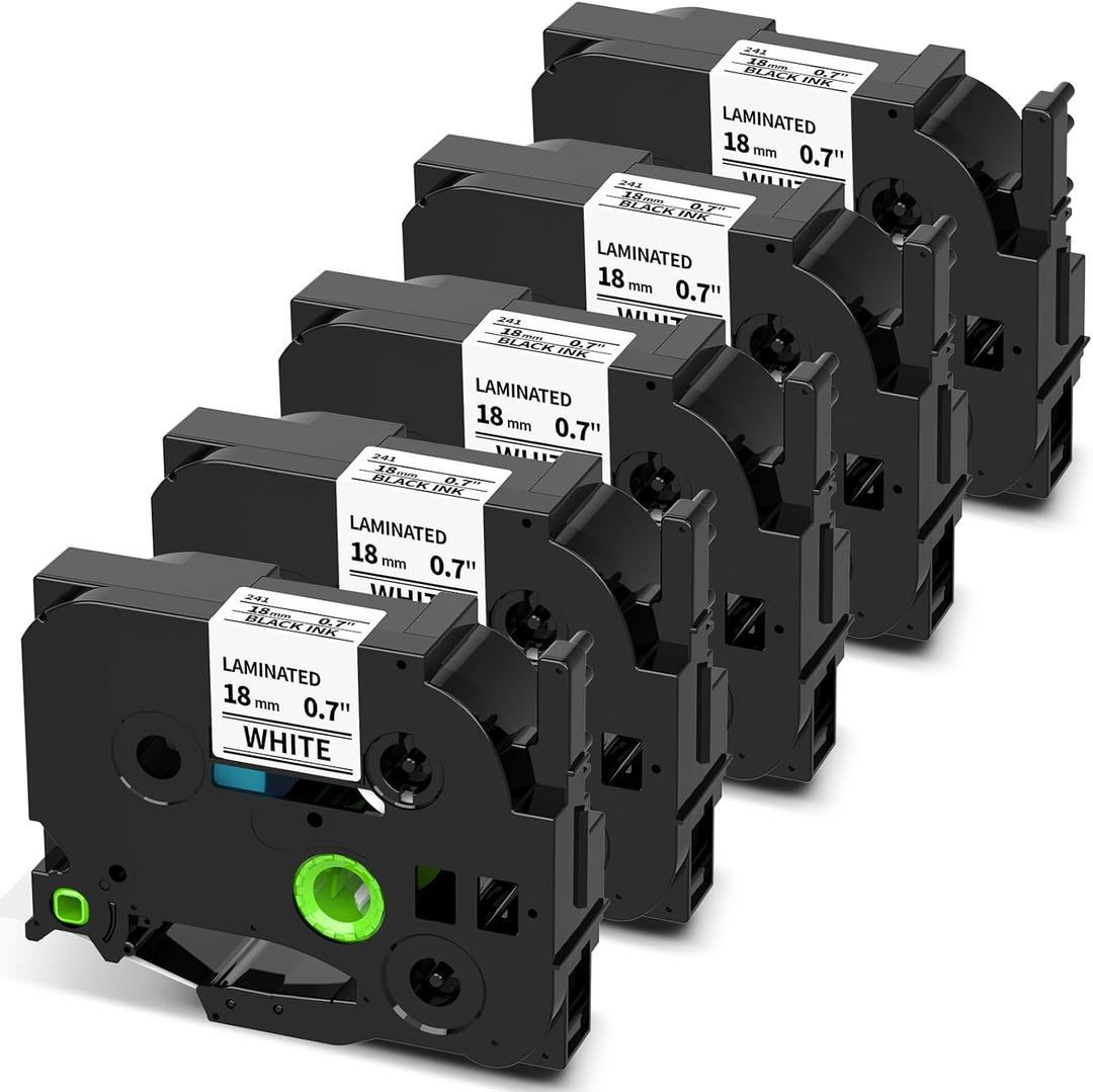 COLORWING TZe-241 18mm Label Tape Replace for Brother Label Maker Tape 18mm 0.7" Laminated White TZ TZe241 3/4 Inch P-Touch Black on White for PT-D400 D410 D460BT D610BT D600 Refill, 5-Pack