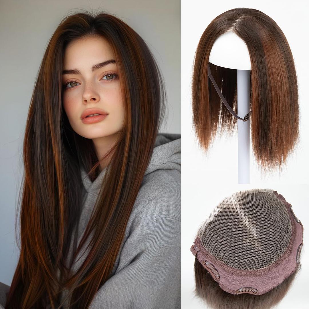 Lace Front Hair Toppers with Band for Women 5.5x4 Pre-cut Closed Lace Hairline Synthetic Straight Hair Wear and Go Glueless Toppers for Beginners Red Vino