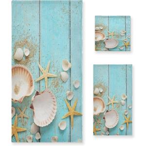 Shells Starfish On Sea Shore Bath Towel Set 3 Ultra Soft Fast Dry Summer Sea Face Towel Absorbent Bathroom Towel Set Shower Hand Face Washcloths