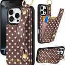 Petitian for iPhone 16 Pro Wallet Case - Women Girls Cute Girly Aesthetic Unique Design Leather Credit Card Holder Phone Cover Stand Wristband for iPhone 16 Pro, Brown Polka