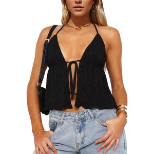Women Y2k Front Tie Crop Tops Halter Neck Flowy Plisse Summer Going Out Top Sexy Split Sleeveless Cami Shirt, S