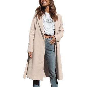 Majdan Women's Notch Lapel Wool Blend Coat Mid Long Winter Overcoat Oversized Peacoat Belted Long Jacket (X-Large, Beige)