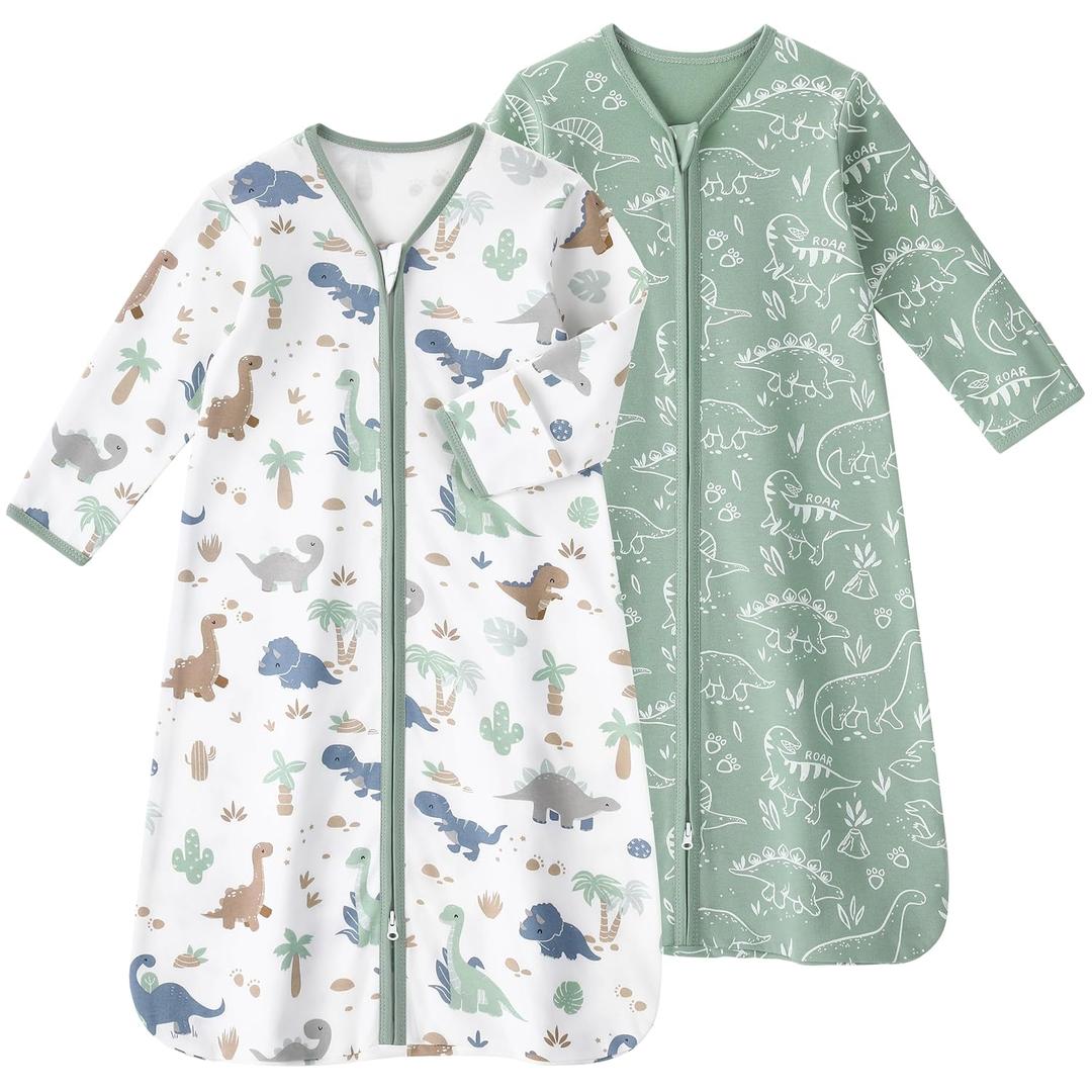 Baby Sleep Sack 0-6 Months, Long Sleeve Baby Wearable Blanket 0.5 Tog with Mittens, 2-Way Zipper Newborn Cotton Sleeping Sack for Boy and Girl Green Dinosaur 2 Pack, Small