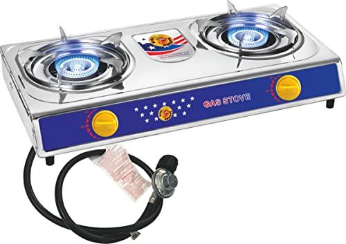 Vivicreate 2 Burner Propane Stove, Portable Camping Gas Cooktop with Automatic Ignition, Stainless Steel BBQ Cooker, Includes Regulator & Hose, Estufa de Gas, Includes Regulator & Hose