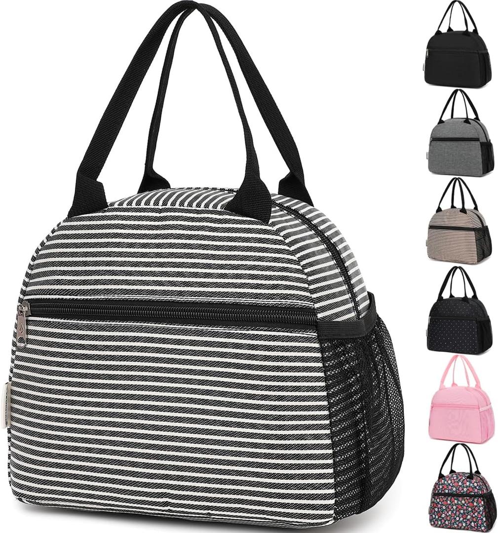 Lunch Bag Women, Lunch Box for Adult Men Kids Girls, Small Cute Lunchbox Tote Large Capacity Insulated Lunch Container Cooler for Work School Picnic Travel, Black White Stripes