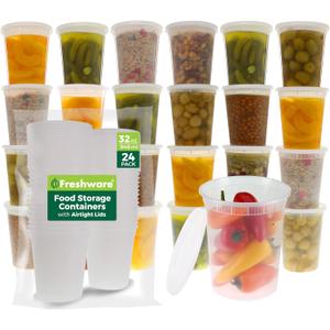 Freshware Food Storage Containers [24 Set] 32 oz Plastic Deli Containers with Lids, Slime, Soup, Meal Prep Containers | BPA Free | Stackable | Leakproof | Microwave/Dishwasher/Freezer Safe