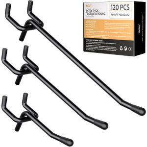 INCLY 120 Pack 2/4/6 Inch Black Pegboard Hooks, 1/4" Heavy Duty Peg Board Shelving Hooks Accessories, Peg Board Tool Hangers Fit 1/4" Pegboard Hanging Tools Garage, Crafts Organizing, Kitchen, Store