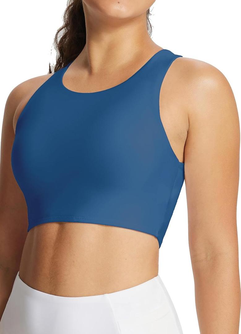 baleaf Women's Swim Bra Modest High Neck Bikini Tops Quick Dry UPF 50+Bathing Suit Sports Workout Removable Padded (38, Navy Blue)