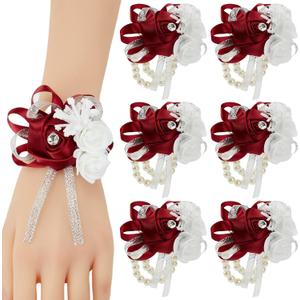 Wine Red Wrist Corsage for Prom, 6pcs Burgundy Rose Wrist Corsages for Wedding Bridal Bridesmaid Girl Women, Hand Flower for Wedding Party Homecoming Ceremony Anniversary Prom Flower Corsages