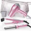 DAN Technology Hair Styling Set, Including Travel Hair Dryer, Mini Flat Iron, and Travel Curling Iron with European Plug, Dual Voltage, Portable Storage Bag, Pink