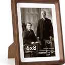 6x8 Frame USA-Sourced Natural Walnut Wood Solid Wood Photo Frame Handcrafted Rounded Corner with Mat to 5x7 Picture Frames Display with Real Glass Family Picture, Wedding Picture, Photo, Certificate