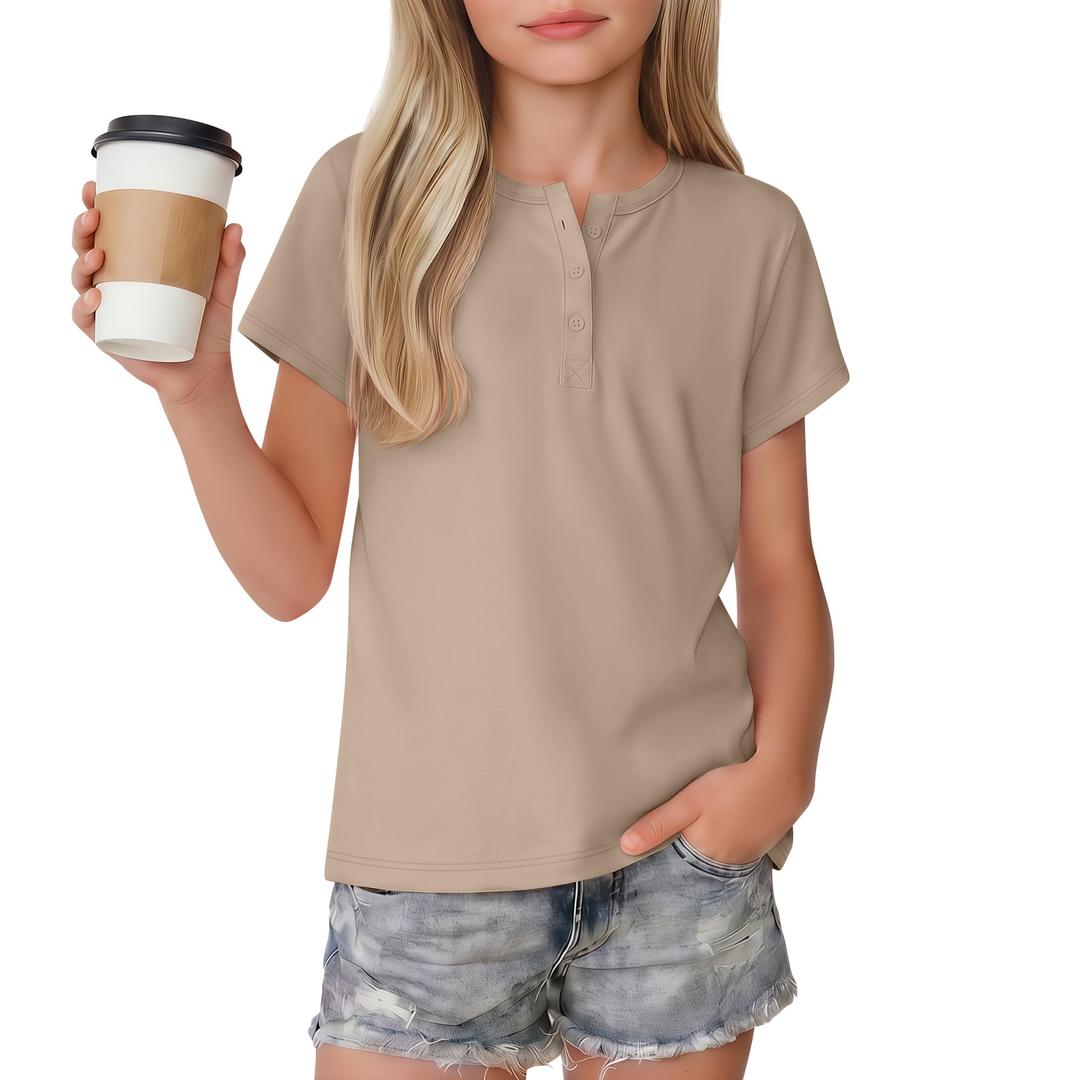 Vinsatin Girl's Short Sleeve Shirts Henley Round Neck Button up Tops Loose Fit Summer Basic Tees(13-14 Years,Khaki)