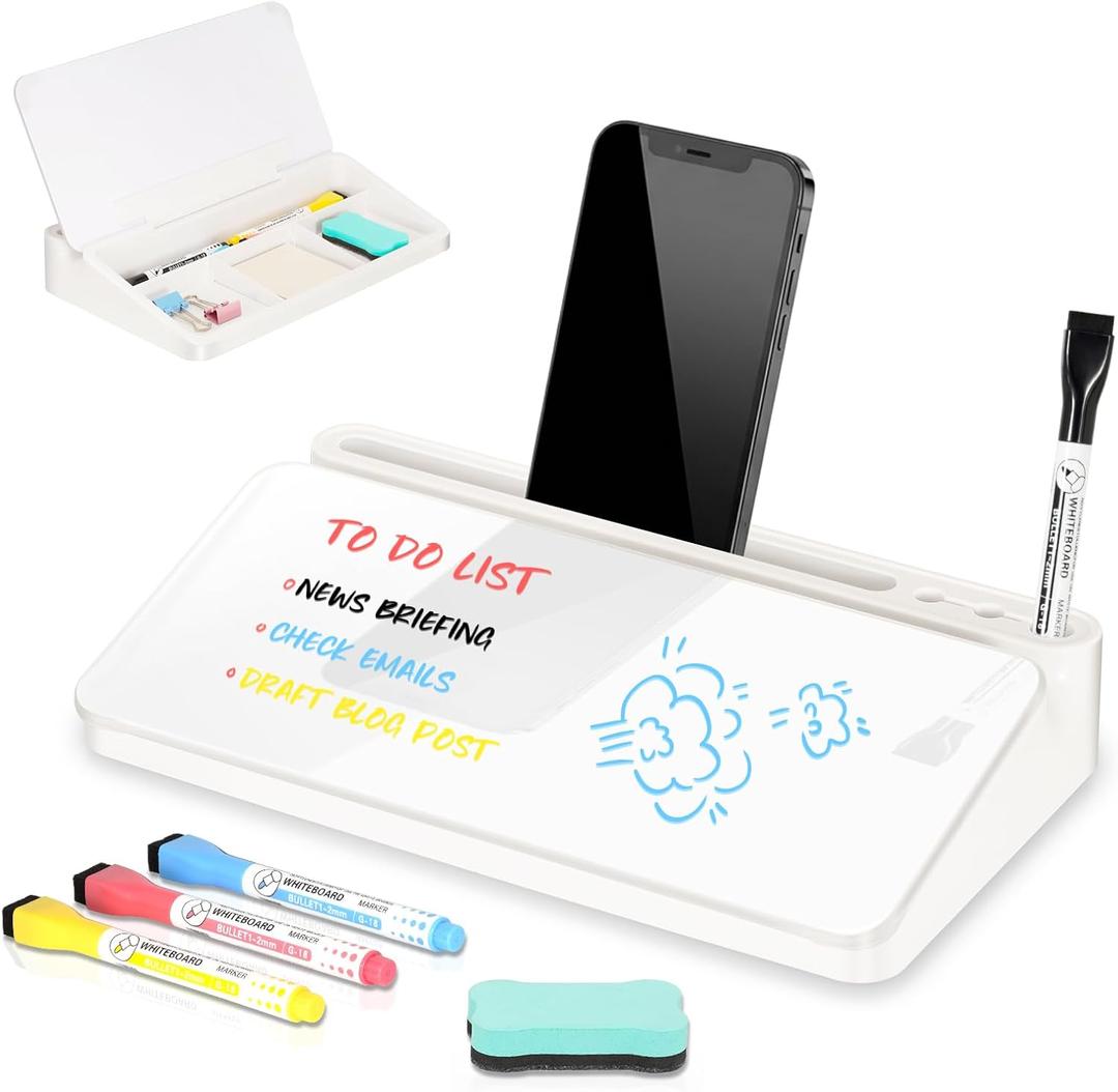 DOLLAR BOSS 12''x7'' Glass Desktop Whiteboard Small Dry Erase Board with Storage Drawer Computer Keyboard Stand Desk Organizer Office Accessories School Supplies with 4 Markers, White