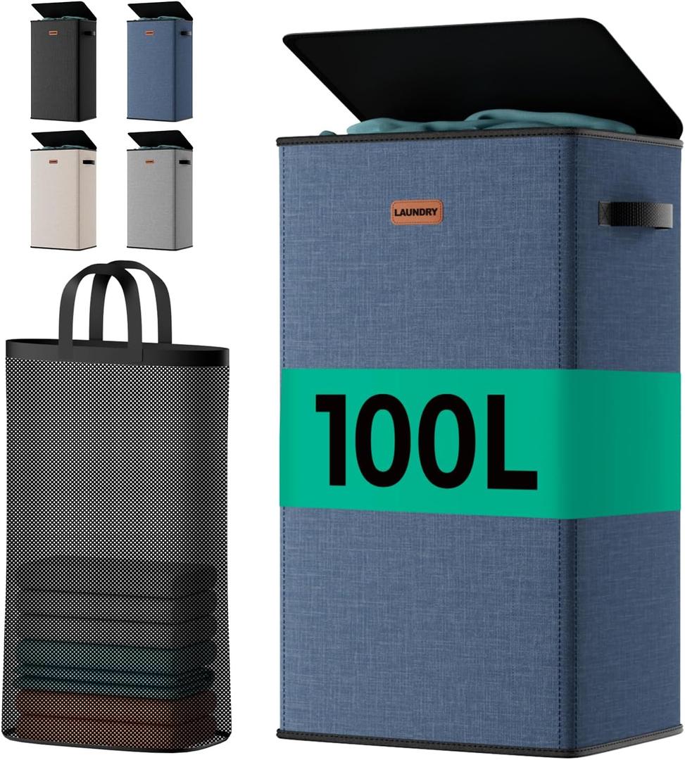 100L Laundry Hamper with Lid, Sturdy Clothes Hamper Heavy-Duty Laundry Basket Supports 30lb, Collapsible for Bathroom Bedroom Laundry Room Dorm