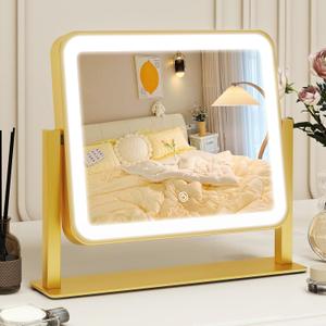 Gold Vanity Mirror with Lights, 14"12" LED Makeup Mirror, Lighted Makeup Mirror with Lights, Smart Touch Control 3 Colors Dimmable, Lighted Up Mirror for Makeup Desk, 360 Rotation