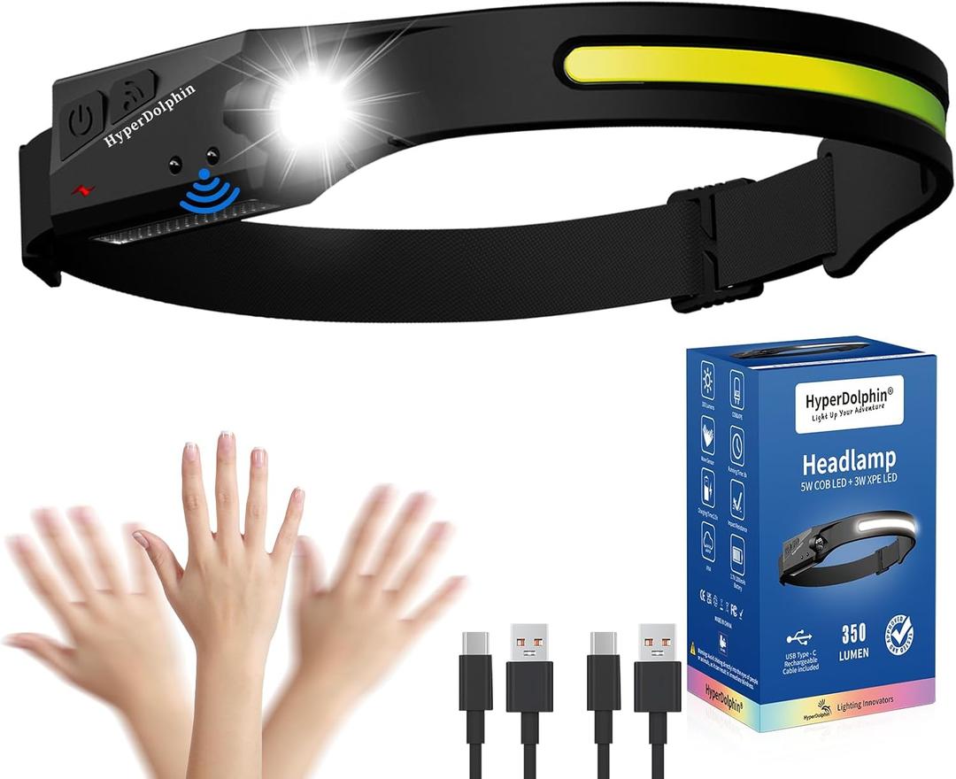 Headlamp Rechargeable, LED Waterproof Headlight for Adults, 230 Headband Light Forehead, USB Head lamp Band, 350 Lumen Super Bright, 5 Modes, Comfortable for Running,Fishing,Hiking (Black)