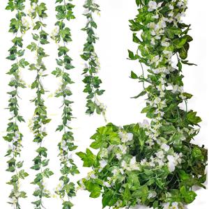 Mavee 28.8ft Artificial Wisteria Vine Garland (4x7.2ft), Silk Hanging Flowers Decor for Wedding Arch, Home Floral Arrangements - White