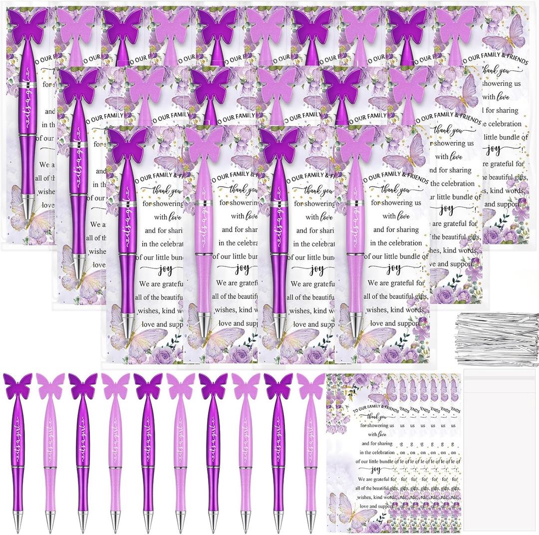 Spakon 60 Set Butterfly Favors for Guest Butterfly Ballpoint Pens Thanks You Cards Gifts Bulk for Souvenirs Prizes Wedding Party Favors(Purple)