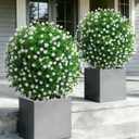 Artificial Lotus Topiary Ball Trees for Outdoor Set of 2 Fake Plant Bushes with Ground Spike UV Resistant Faux Shrubs for for Garden Front Porch, White