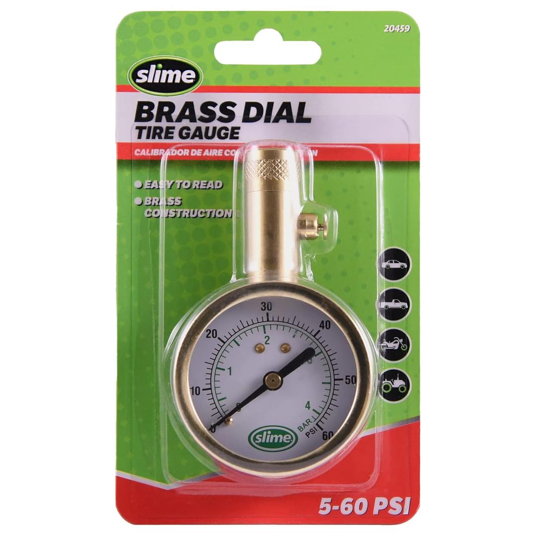 Slime 20459 Tire Pressure Gauge, Dial, Analogue, Brass Tire Gauge (5-60 psi) (No Size)