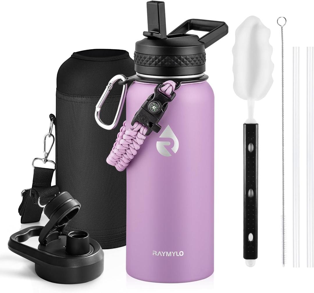 RAYMYLO Insulated Water Bottle 32 oz, Triple Wall Vacuum Stainless Steel (Cold for 24Hrs, Hot for 12Hrs), Leak Proof & Non-BPA, Modern Water Flask Jug with Paracord Handle & Straw Spout Lids (Light Purple)