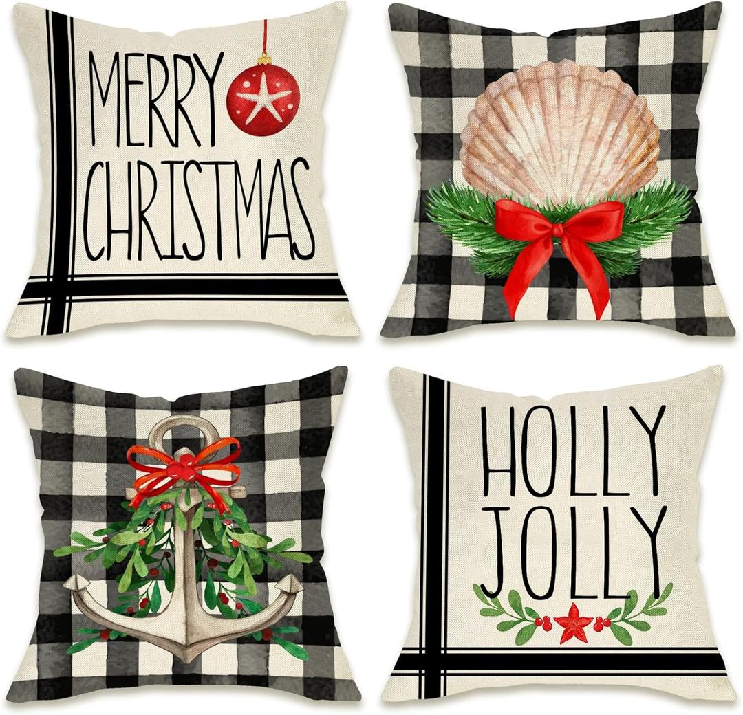 2 x Fahrendom Merry Christmas Nautical Decorative Throw Pillow Covers 18 x 18 Set of 4, Beach Coastal Xmas Shell Anchor Holly Jolly Pillowcase, Winter Holiday Buffalo Plaid Couch Cushion Case Home Decor