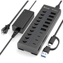 Powered USB Hub, 10-Port USB C Hub with 6 USB-A 3.2, 4 USB-C 3.2 Ports, Individual Switches and 12V/5A Power Adapter, Aluminum USB Extension for MacBook, Laptop/PC and More(Black)