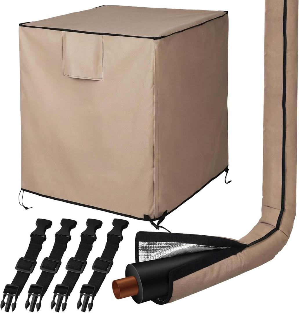 2 Pcs Khaki 32"x 30"x 30" Air Conditioner Covers for Outside, Ac and HVAC Line Cover Insulation Waterproof Heavy Duty Universal Air Conditioner Covers for Winter Outdoor Unit and Copper Pipe