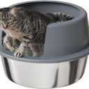 Booche Round High-Sided Stainless Steel Cat Litter Box,Stainless Steel Litter Box with Lid,Extra Large Box,Easy-to-Clean Metal Litter Pan for Cats