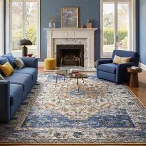 Amearea Vintage Design Area Rugs for Living Room, 4x6 Machine Washable Floral Collection Traditional Bedroom Rug, Low Pile Kids Room Print Carpet, No Slip Office Kitchen Home Decor, Blue and Orange
